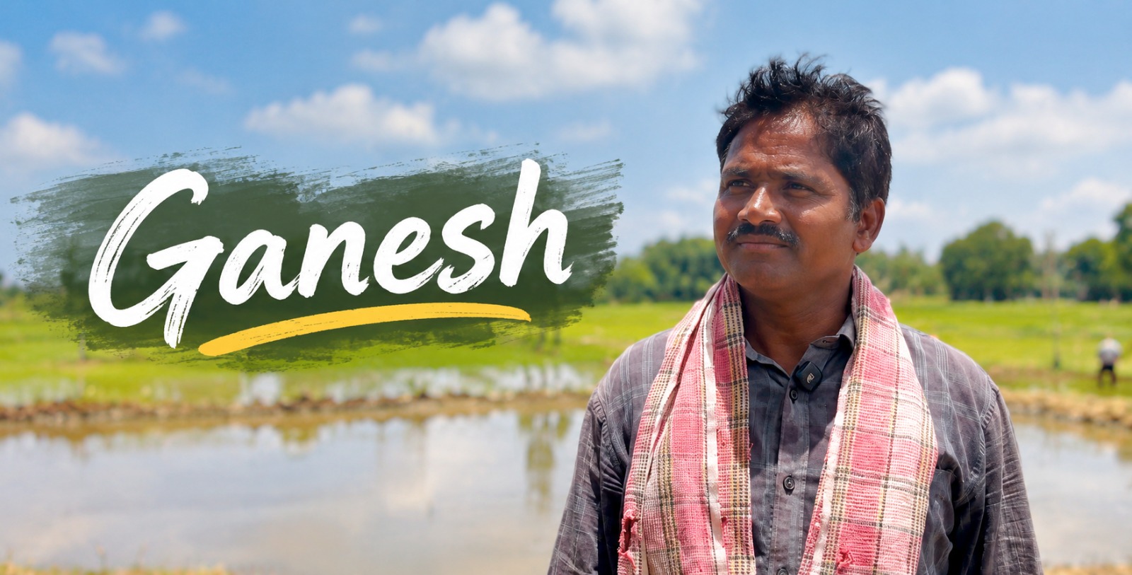 Ganesh, farmer, standing beside a flooded paddy field